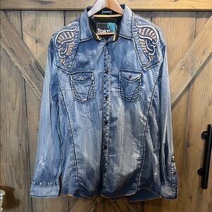 Roar Buckle Mens 2XL Denim Wash Embroidered Long Sleeve Button Up Shirt